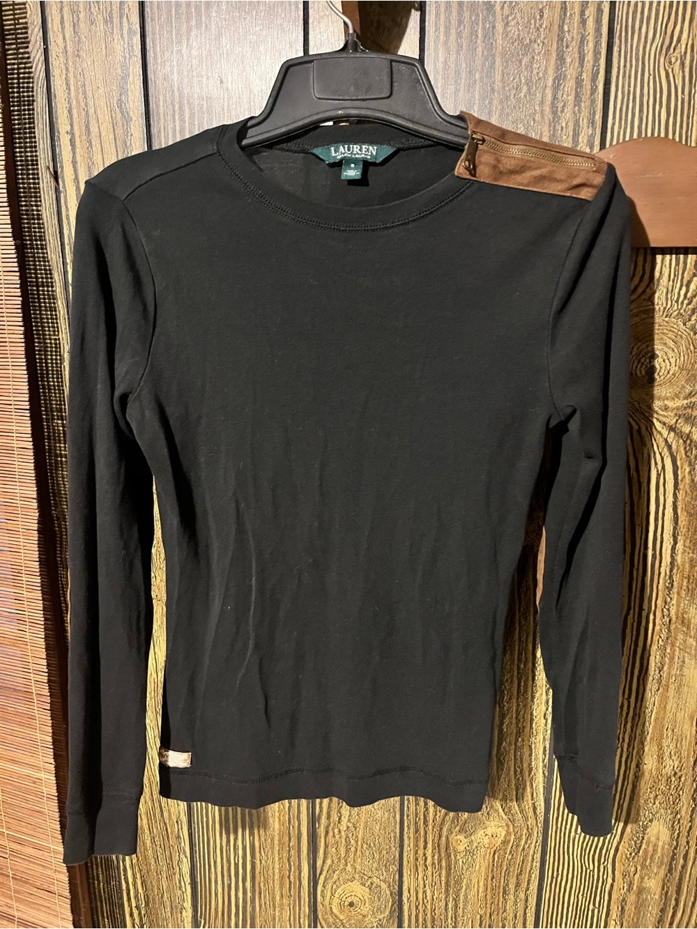 Lauren Ralph Lauren Black Long-Sleeve Crewneck with Brown Shoulder Detail